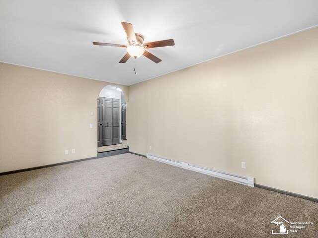 6405 Stillwater Ct, Erie, MI 48133 - carpeted spare room featuring a ceiling fan, baseboard heating, arched walkways, and baseboards