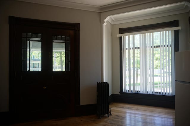 foyer featuring radiator, wood-type flooring, and ornamental molding