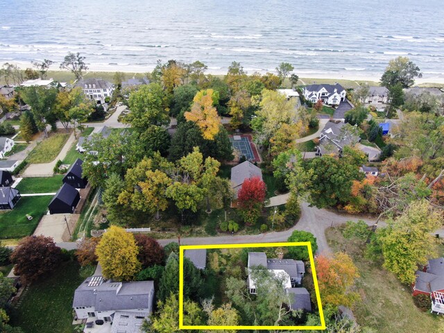 17388 Arbor Ln, New Buffalo, MI 49117 - aerial perspective of suburban area with expansive coastline and property parcel outlined