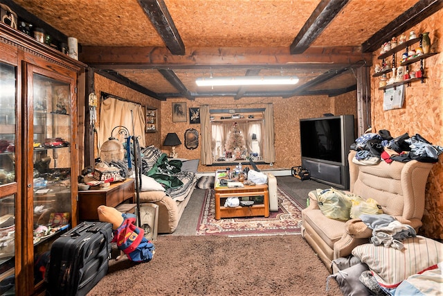 carpeted living room with beam ceiling