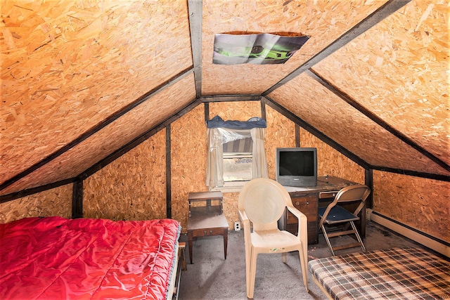 interior space featuring lofted ceiling and a baseboard radiator