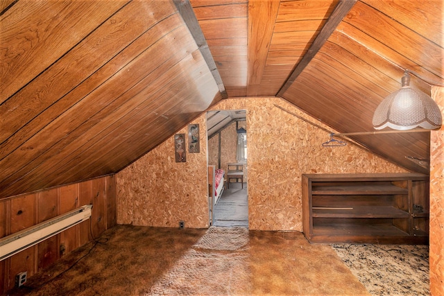 additional living space featuring wooden ceiling, baseboard heating, and lofted ceiling