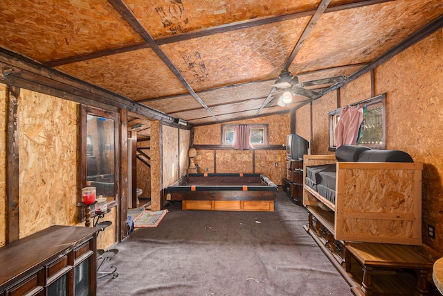 interior space featuring vaulted ceiling, ceiling fan, and billiards