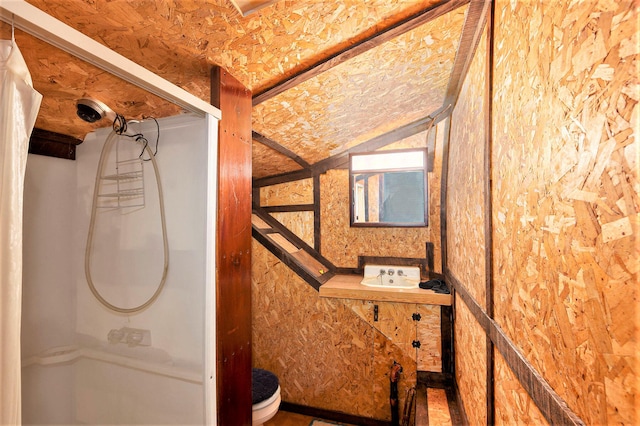 bathroom with a shower, vaulted ceiling, toilet, and sink