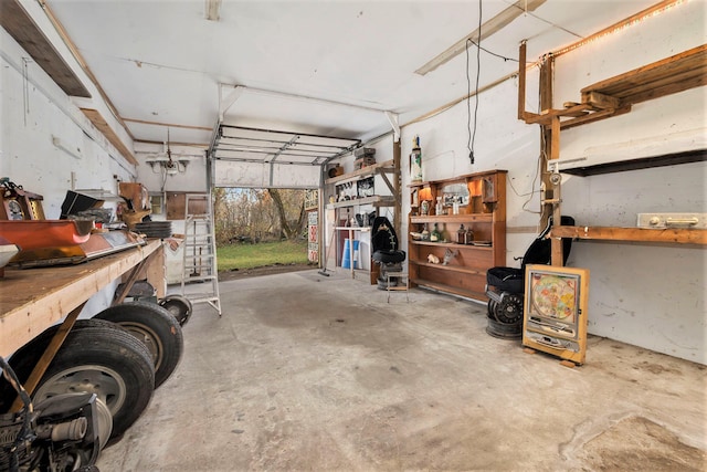 garage with a workshop area