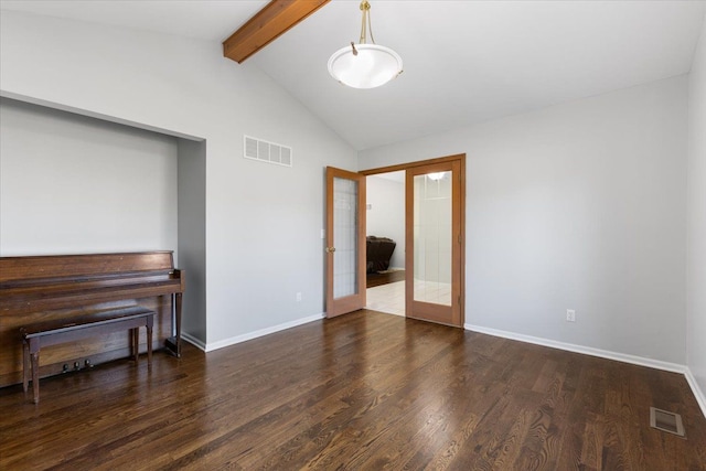 living room featuring french doors, vaulted ceiling with beams, and dark wood-type flooring