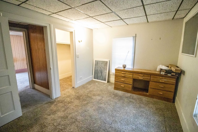 unfurnished bedroom featuring carpet flooring, a walk in closet, a closet, and a paneled ceiling