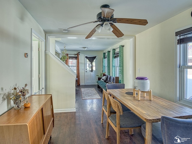 dining room featuring ceiling fan and dark hardwood / wood-style flooring