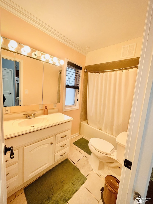 full bathroom with vanity, tile patterned floors, crown molding, toilet, and shower / tub combo