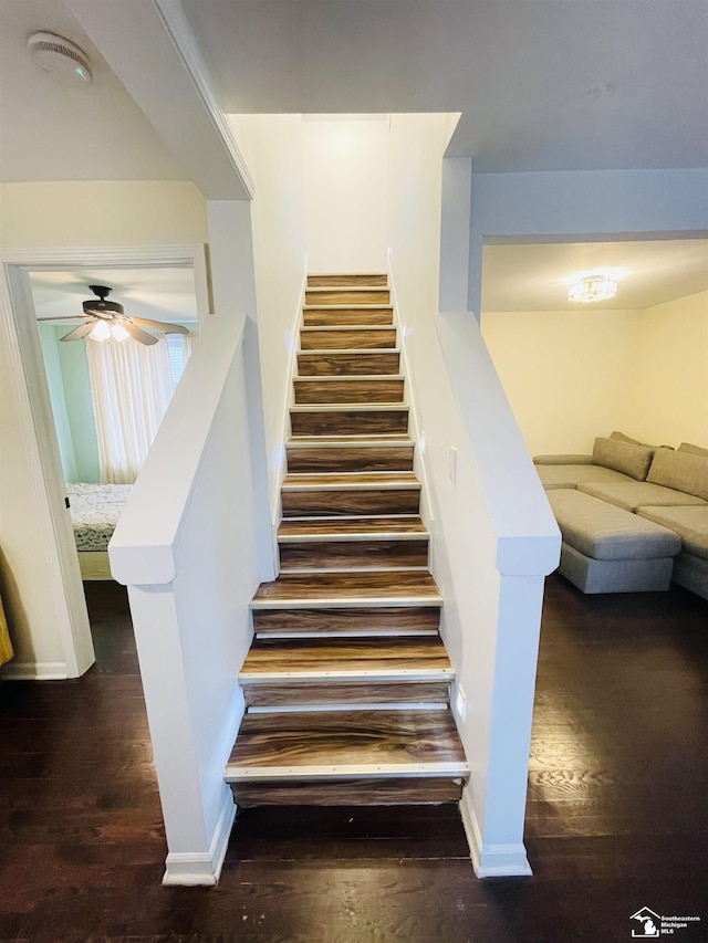 stairs featuring wood-type flooring and ceiling fan