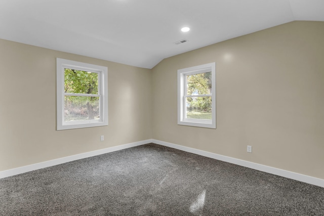 empty room with carpet, a healthy amount of sunlight, and vaulted ceiling