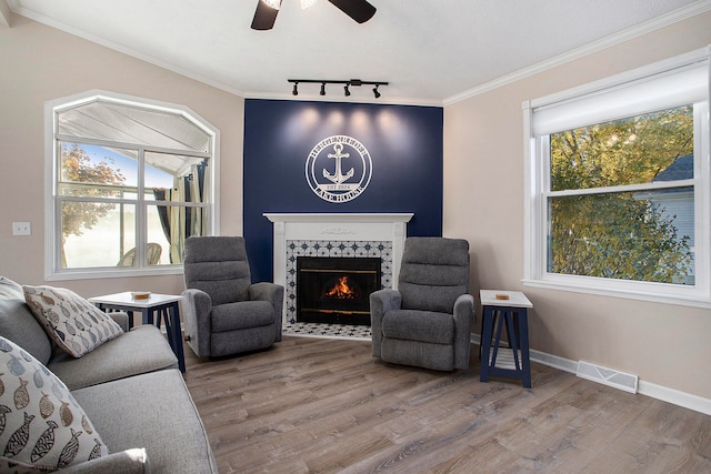 living room featuring hardwood / wood-style flooring, a healthy amount of sunlight, and a tiled fireplace