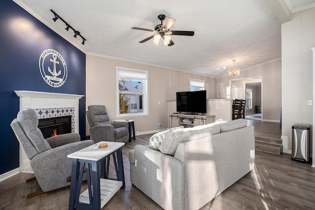 living room with ceiling fan with notable chandelier, dark hardwood / wood-style flooring, and crown molding