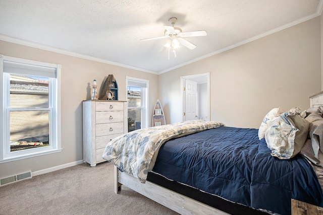 carpeted bedroom featuring a textured ceiling, vaulted ceiling, ceiling fan, and ornamental molding