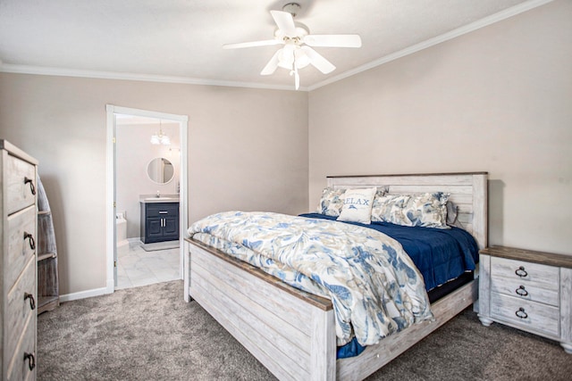 carpeted bedroom with ceiling fan, sink, ornamental molding, and ensuite bathroom