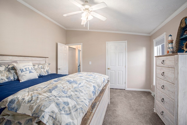 carpeted bedroom featuring vaulted ceiling, ceiling fan, crown molding, and a textured ceiling