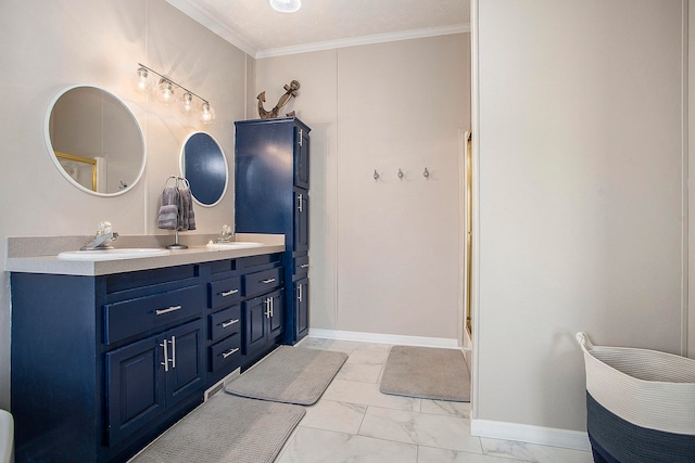 bathroom featuring walk in shower, vanity, and ornamental molding