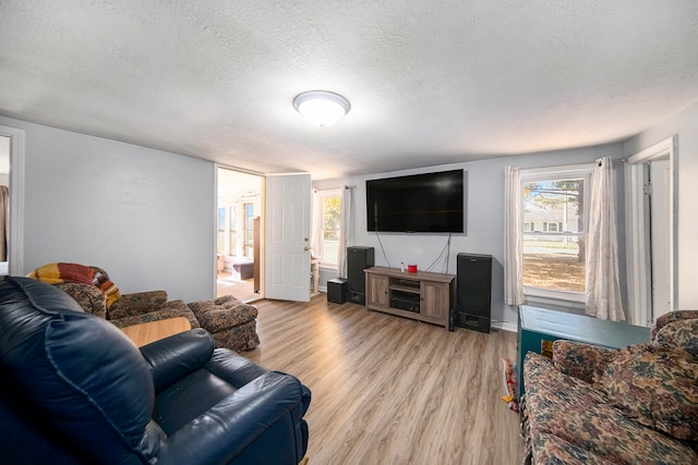 living room featuring a textured ceiling and light hardwood / wood-style flooring