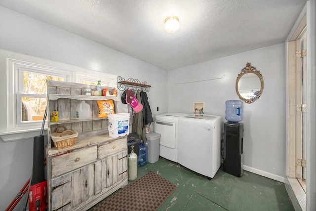 laundry room with washer and clothes dryer and a textured ceiling