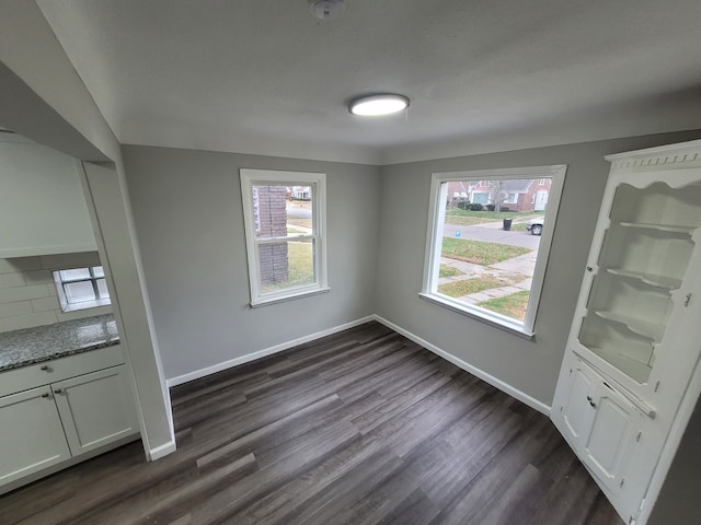 unfurnished dining area featuring dark wood-type flooring and a healthy amount of sunlight