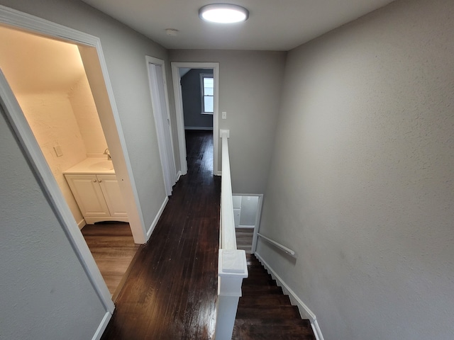 hallway with dark wood-type flooring