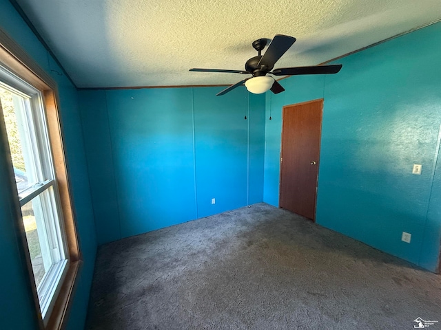 empty room with carpet, ceiling fan, lofted ceiling, and a textured ceiling