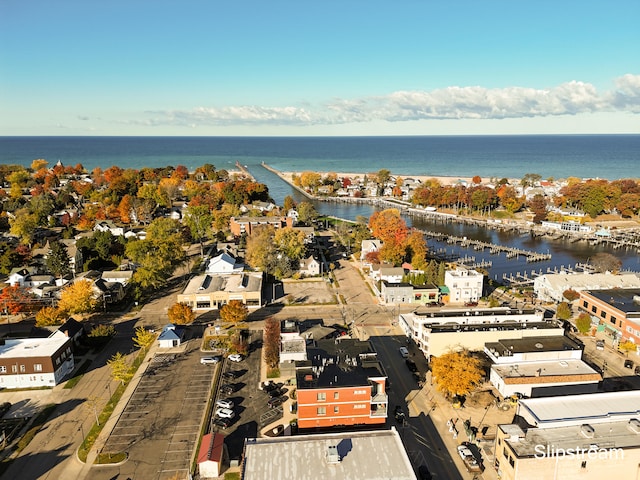 bird's eye view with a water view