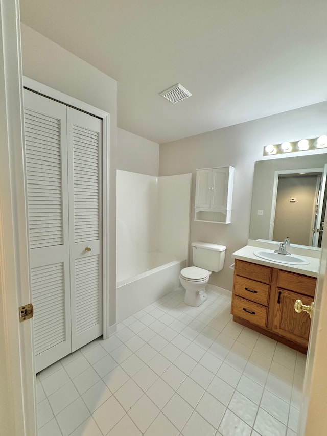 full bathroom featuring tile patterned flooring, vanity, shower / bath combination, and toilet