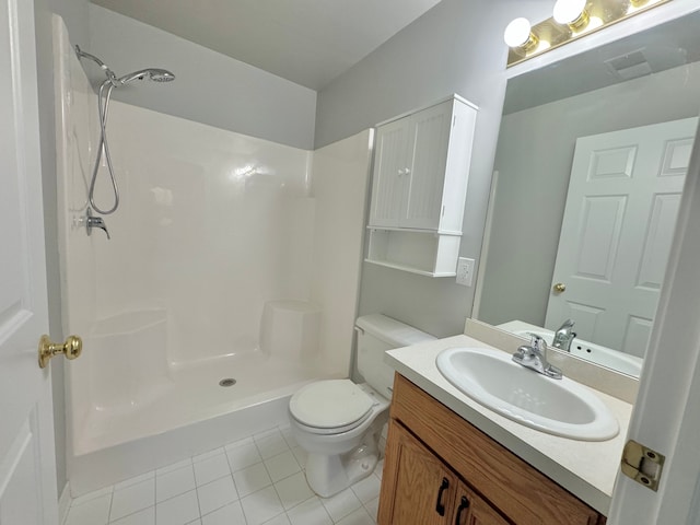 bathroom with tile patterned flooring, vanity, toilet, and walk in shower