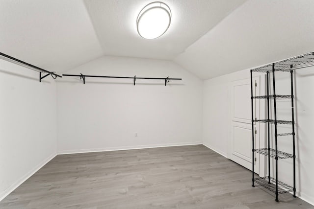 walk in closet with lofted ceiling and wood-type flooring