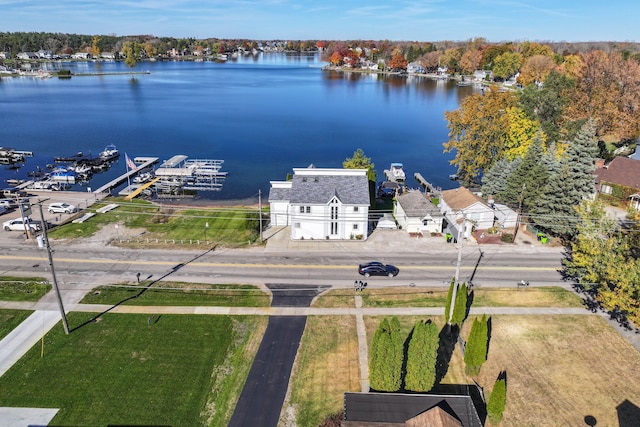 bird's eye view with a water view