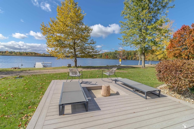 wooden deck with a water view and a yard