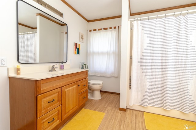 bathroom with crown molding, hardwood / wood-style floors, vanity, and plenty of natural light