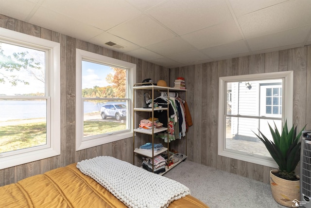 carpeted bedroom with a water view and wood walls