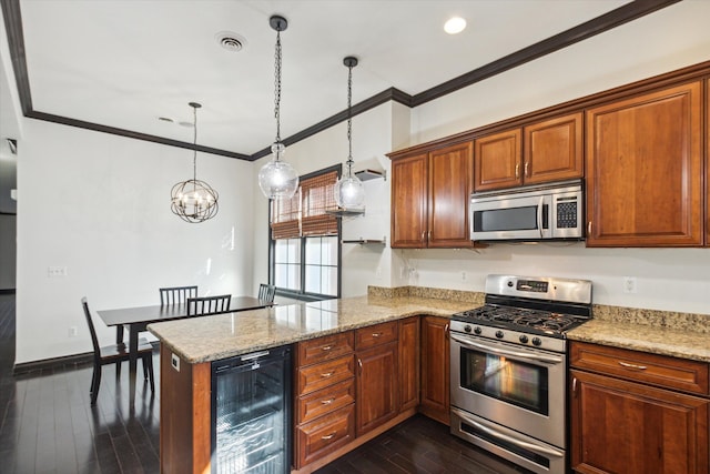 kitchen with kitchen peninsula, hanging light fixtures, beverage cooler, and stainless steel appliances