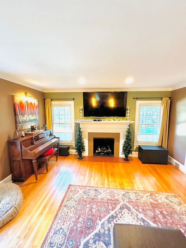 living room featuring hardwood / wood-style flooring, ornamental molding, and a fireplace