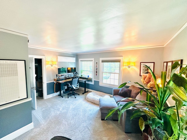 home office featuring light colored carpet and crown molding