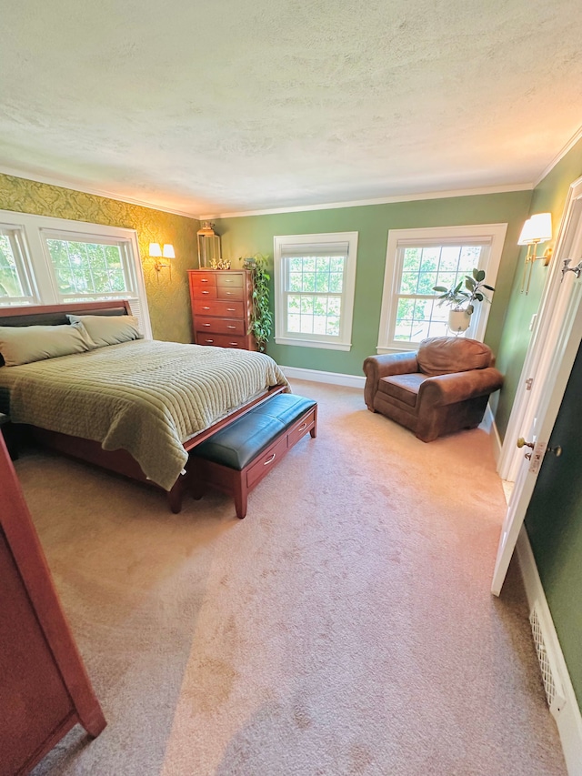 carpeted bedroom featuring a textured ceiling and ornamental molding