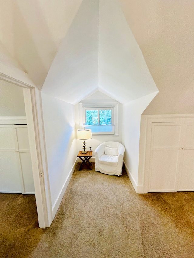 unfurnished room featuring carpet floors and vaulted ceiling