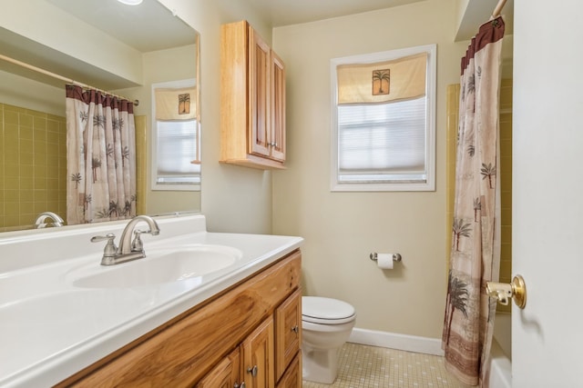 full bathroom with tile patterned flooring, vanity, shower / bath combination with curtain, and toilet