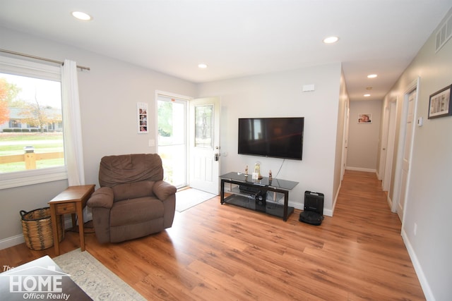 living room featuring plenty of natural light and light hardwood / wood-style floors