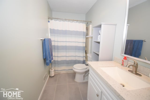 bathroom with tile patterned flooring, vanity, toilet, and a shower with curtain