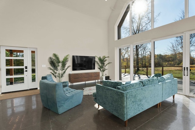 living room featuring high vaulted ceiling