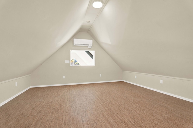 bonus room with carpet, an AC wall unit, and lofted ceiling