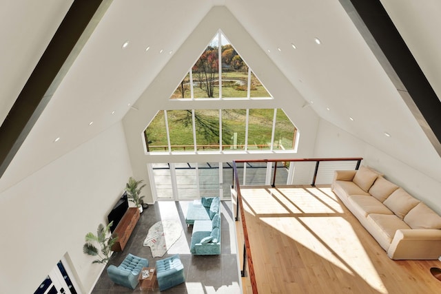 living room with hardwood / wood-style floors and high vaulted ceiling