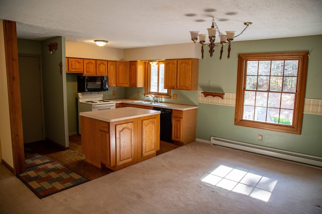 kitchen featuring sink, dark colored carpet, black appliances, a chandelier, and a kitchen island