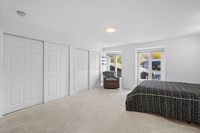 bedroom featuring carpet flooring and two closets