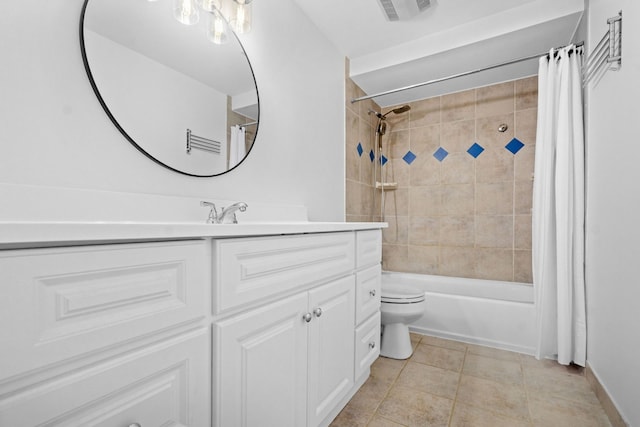 full bathroom with tile patterned floors, vanity, toilet, and shower / bath combo with shower curtain