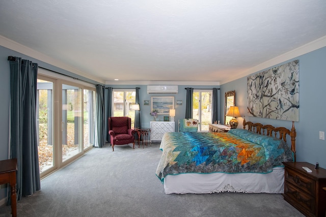 bedroom featuring a wall mounted air conditioner, carpet floors, access to outside, and ornamental molding