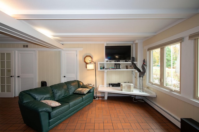 living room with beamed ceiling, a baseboard radiator, and wood walls